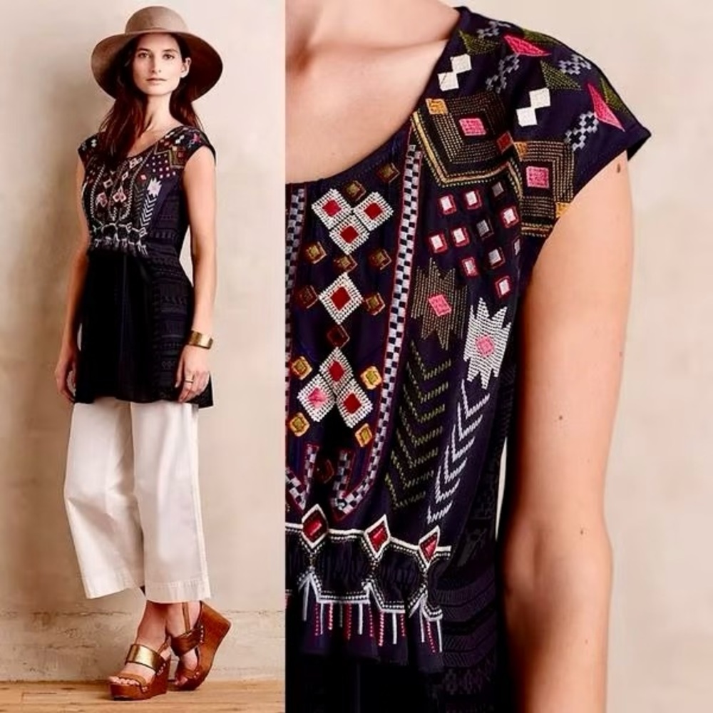 ONE SEPTEMBER Anthropologie Barranco Embroidered Navy Blue Tunic Top